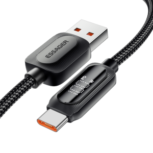 Essager USB-A til USB-C hurtigladekabel 7A – svart – med effektvisning og bred